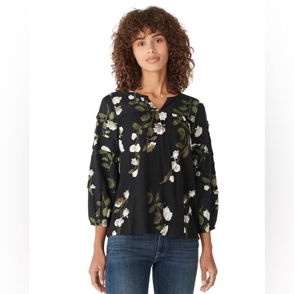LUCKY BRAND | Black Floral Peasant Top Blouse Puff Sleeve Cotton | Size Small - Picture 2 of 8